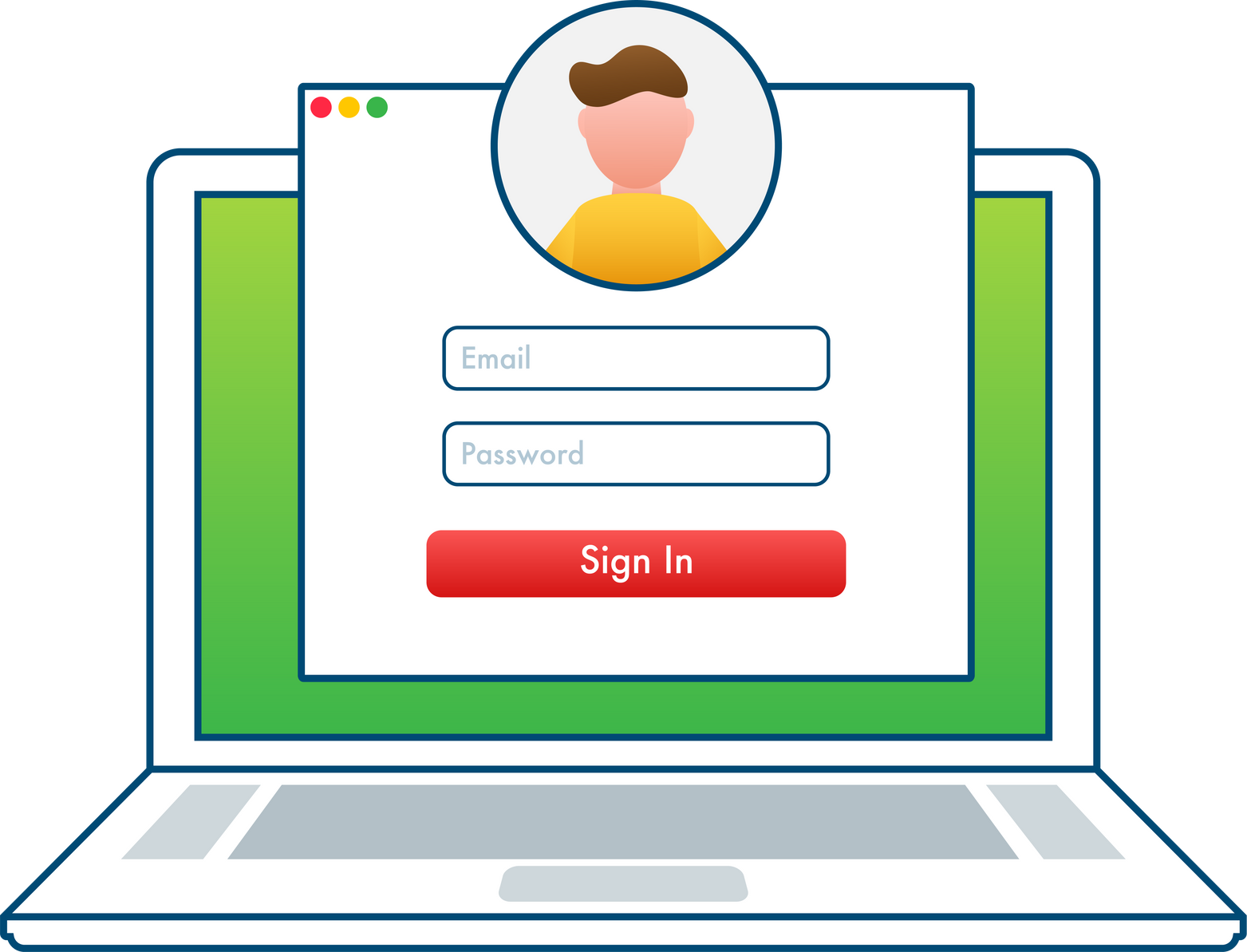 Login page on laptop screen. Notebook and online login form, sign in page. User profile, access to account concepts. Vector illustration.